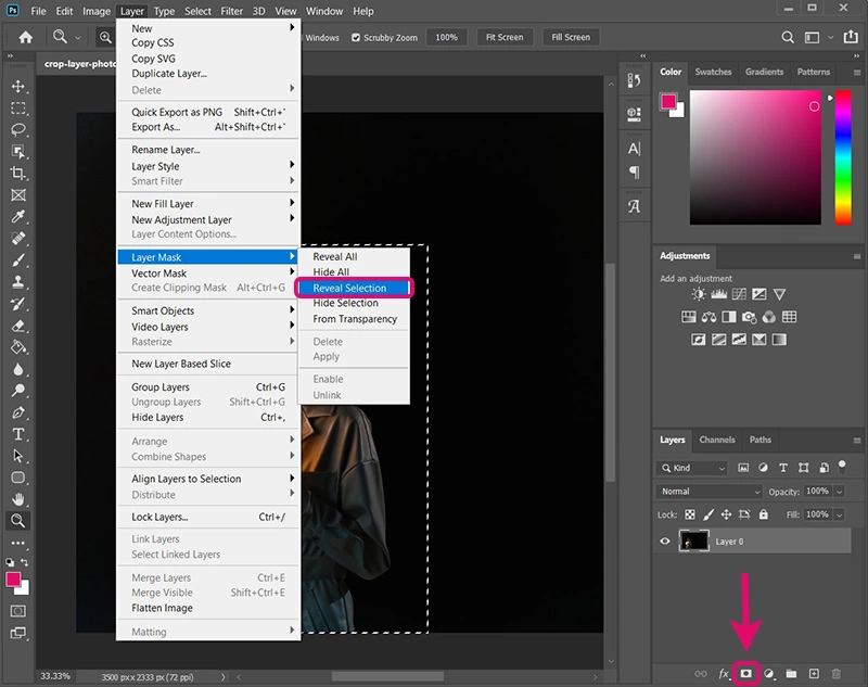 Go to Layer > Layer Mask > Reveal Selection or click on the Add Layer Mask icon in the Layers panel.