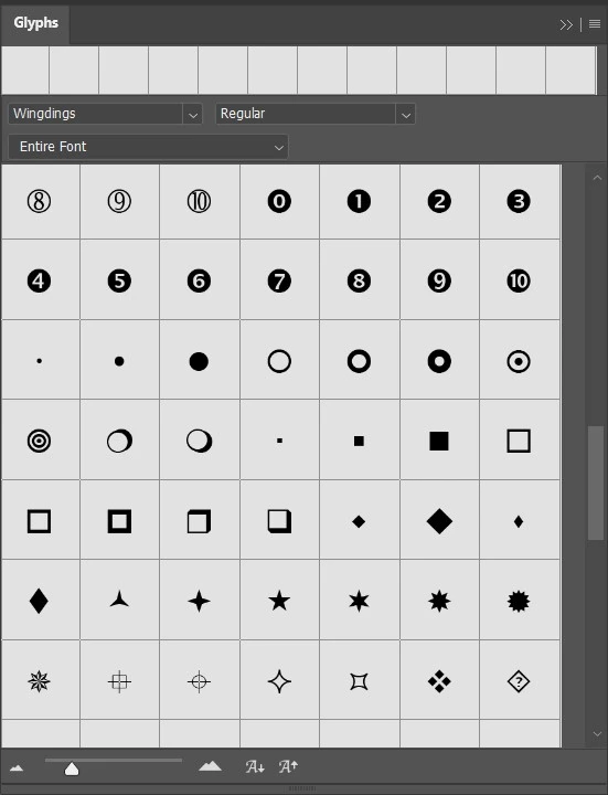 Glyph panel in Photoshop with wide range of bullet points.