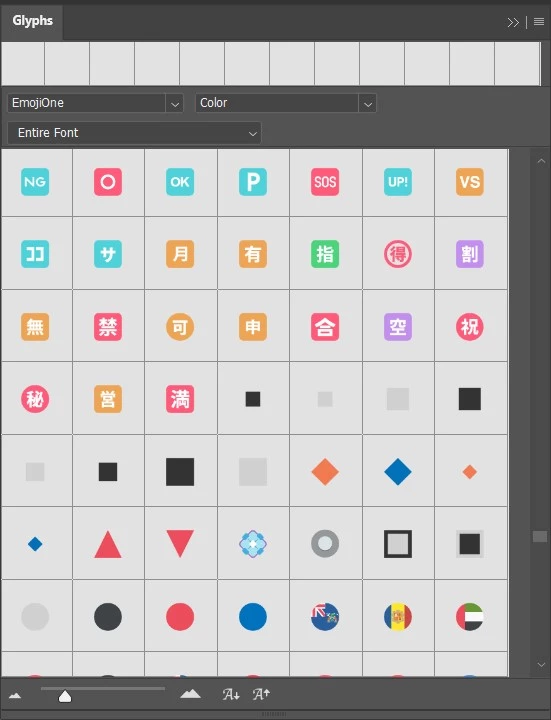 Glyph panel in Photoshop with wide range of emoji-like bullet points.