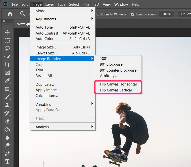 To flip an image in Photoshop, choose Image > Image Rotation, then pick one of two options to flip.