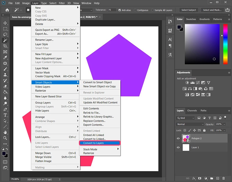 Example of how to unmerge layers in Photoshop after being merged into a Smart Object.